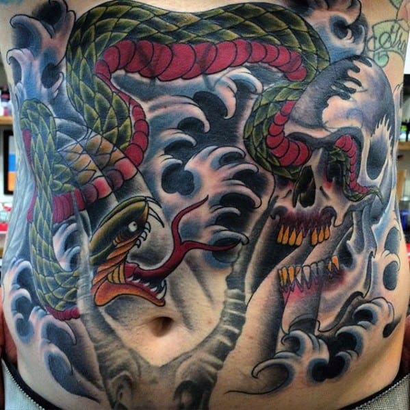 Stomach Skull With Japanese Snake Male Tattoos