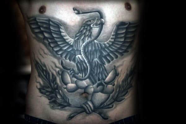 Stomach White And Grey Ink Mexican Eagle Tattoos For Guys