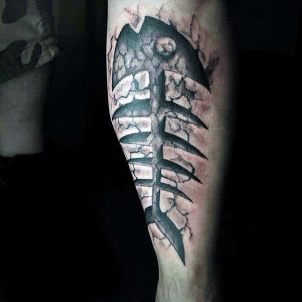 Stone 3d Fish Skeleton Guys Leg Tattoos