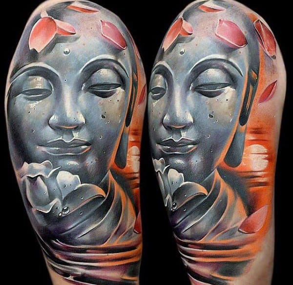 Stone Buddha With Rose Petals Tattoo Full Arms Men