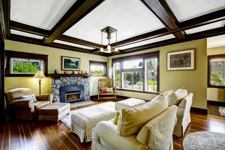 stone trim fireplace coffered ceiling