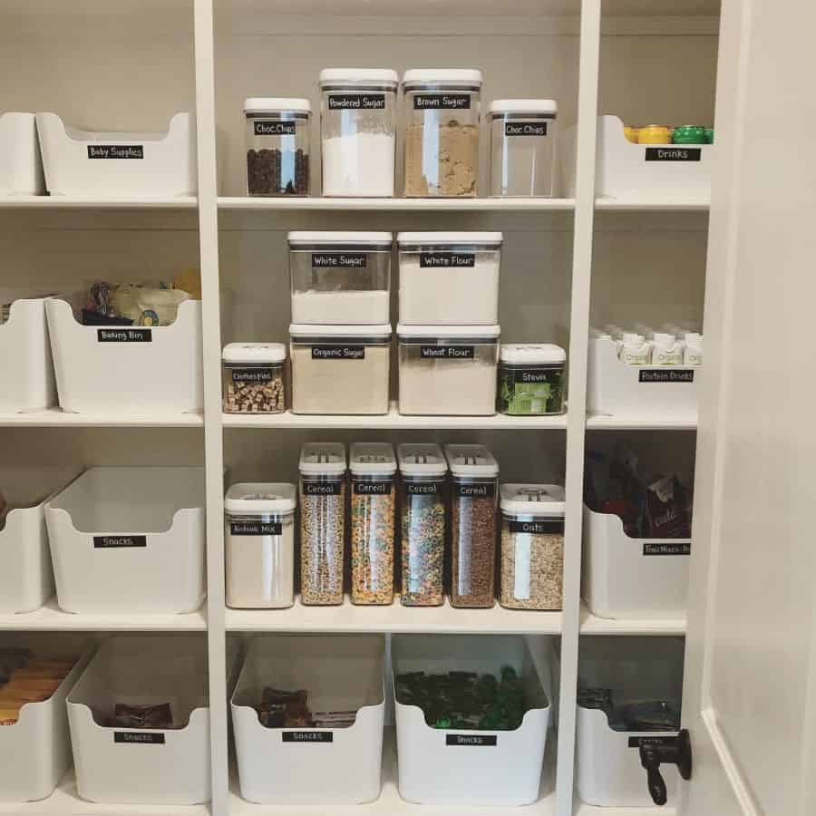 white shelf kitchen storage with labels 