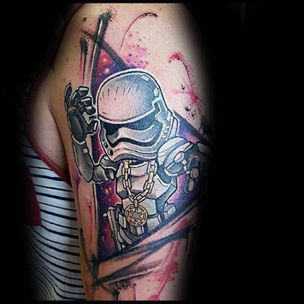 Stormtrooper With Gold Chain Mens Paint Brush Stroke Upper Arm Tattoos