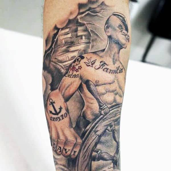 Stormy Seas Popeye Anchor Guys Leg Sleeve Tattoo.