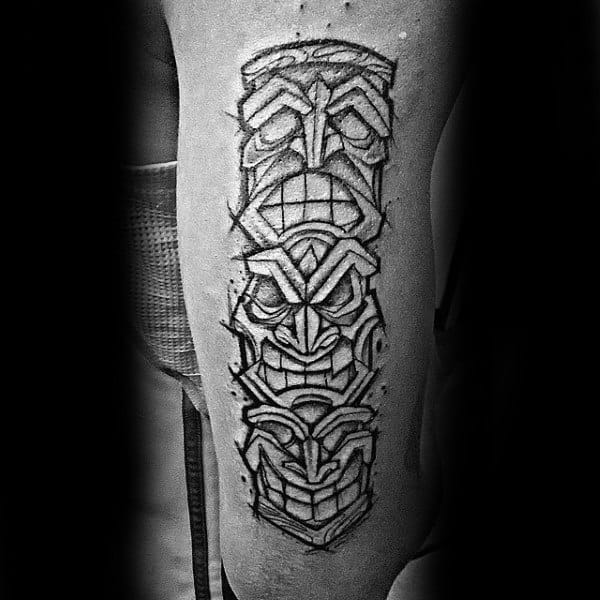 Straight Line Black Totem Pole Calf Tattoo On Gentleman