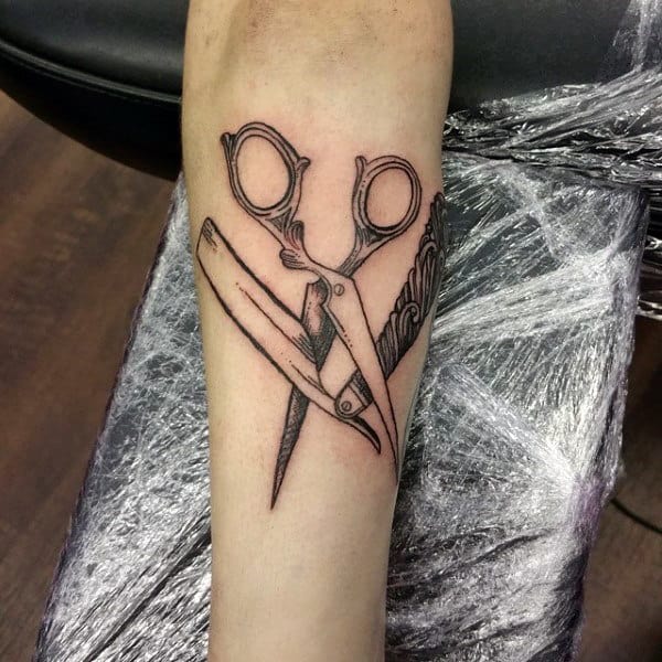 Straight Razor With Scissors Mens Inner Forearm Tattoos