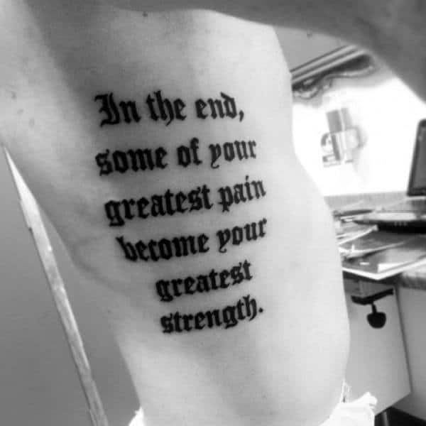 Strength Quote With Old English Font Mens Rib Cage Side Tattoo