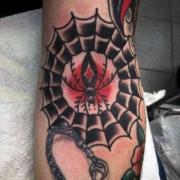 Striking Spider And Web Tattoo On Legs Guys