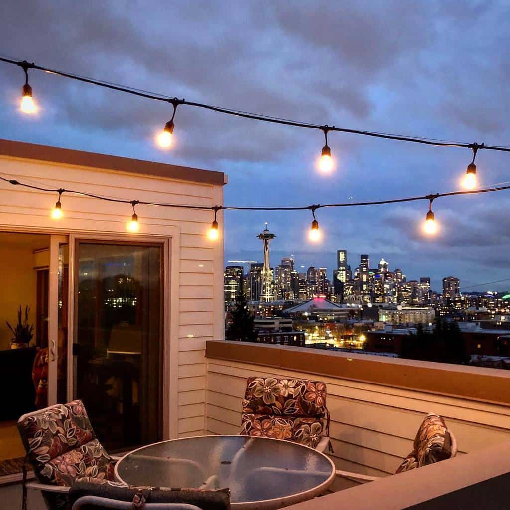 rooftop patio with string lights