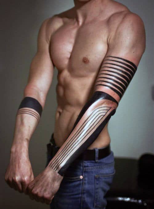 Striped Lines Blackwork Half Sleeve Mens Tattoos