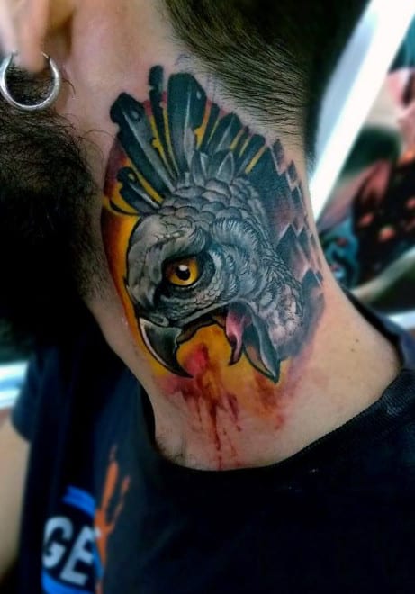 Strong Color Screaming Hawk Tattoo On Males Neck