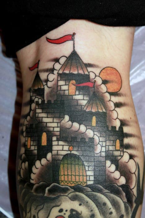 Stronghold Bicep Mens Castle Tattoo Design With Shaded Clouds