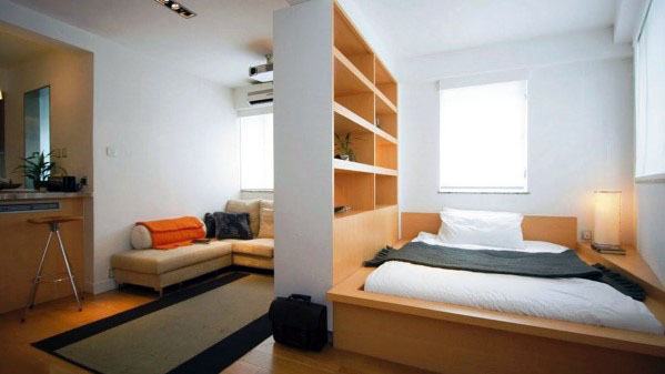 large shelf unit separating bedroom and lounge