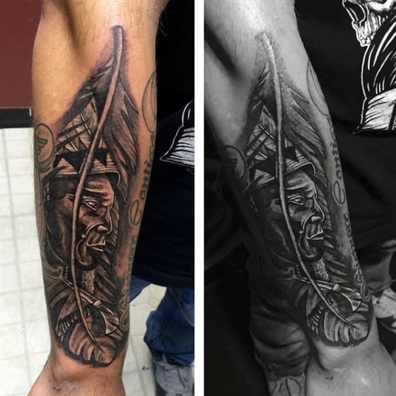 Stunning Dark Feather Tattoo For Men On Calves