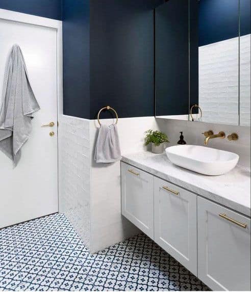 contemporary blue and white bathroom gold accents 