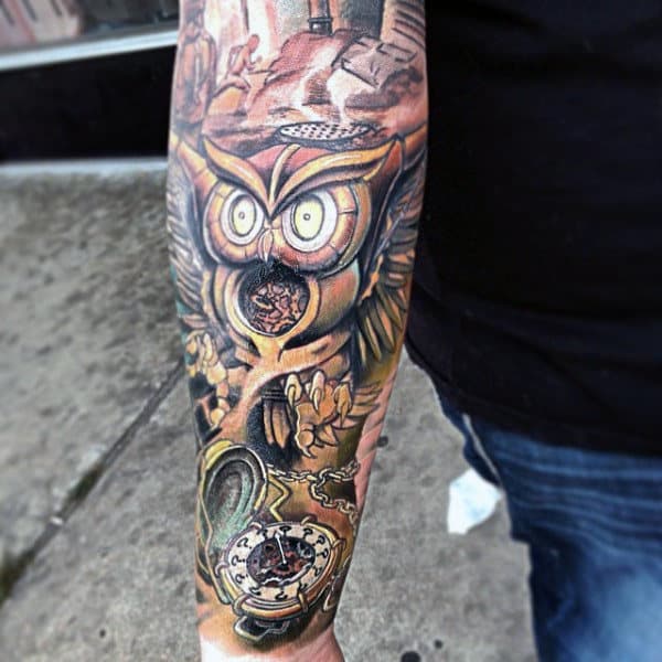 Stunning Owl And Clock Steampunk Tattoo Males Full Sleeve