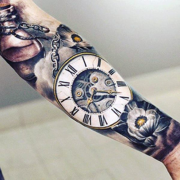 Stunning Pocket Watch Tattoo With Roman Numerals On Forearms Guys