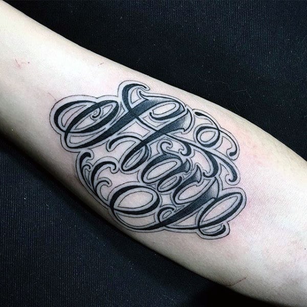 Stylish Lettering Tattoo Male Forearms
