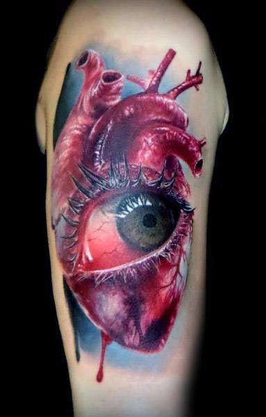 Stylish Mens 3d Heart With Eye Tattoos On Arm