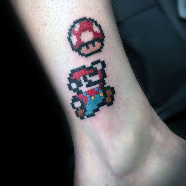 Stylish Mens Mario Tattoos On Lower Leg.