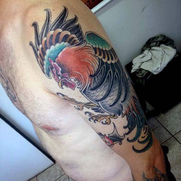 Stylish Proud Rooster Tattoo For Men Upperarm Work