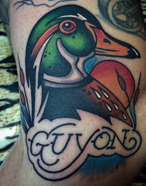 Stylish Sailor Jerry Mallard Tattoo With Cool Font For Men