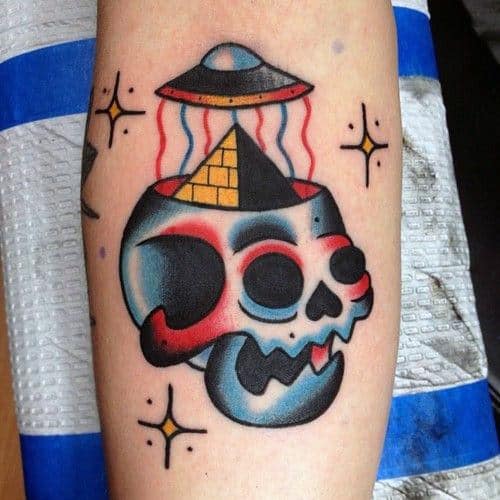 Stylish Skull And Ufo Tattoo Mens Forearms