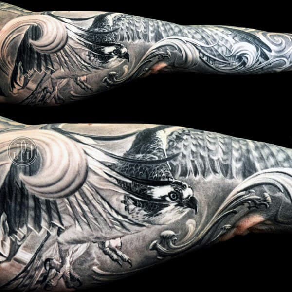 Stylized Full Sleeve Tattoo Hawk With Spiral Wings On Man