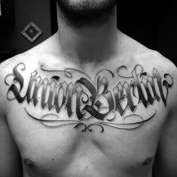Suave Lettering Tattoo Designs On Male Chest