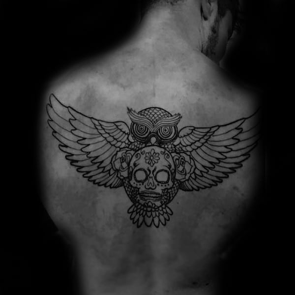 Sugar Skull Male Back Tattoo With Owl Wings
