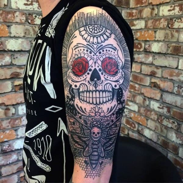 Sugar Skull Mens Designs Tattoo Half Sleeve With Red Eyes