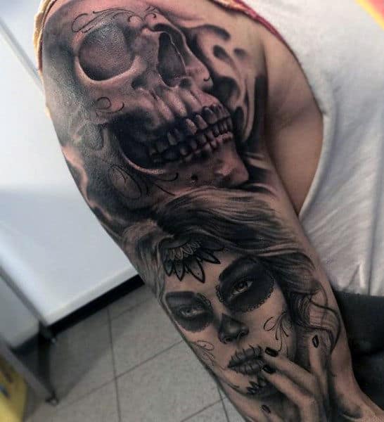 Sugar Skull Sleeve Tattoos For Males Day Of The Dead Themed