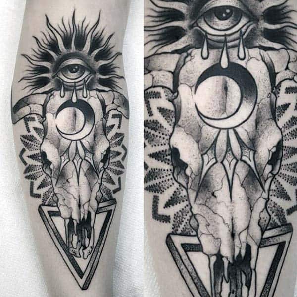 Sun And Moon Mens Bull Skull Leg Tattoo Deisgns