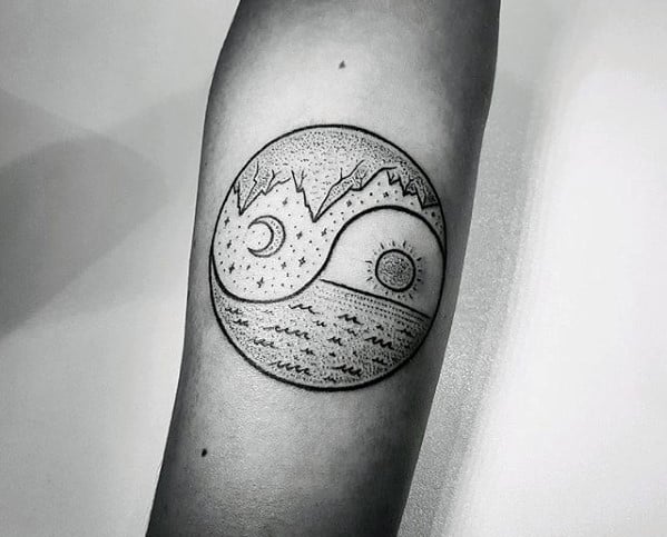 Sun And Moon With Beach And Mountains Small Nature Mens Yin Yang Arm Tattoo