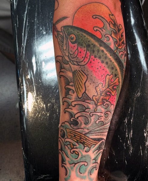 Sun And Trout Fish Tattoo For Men