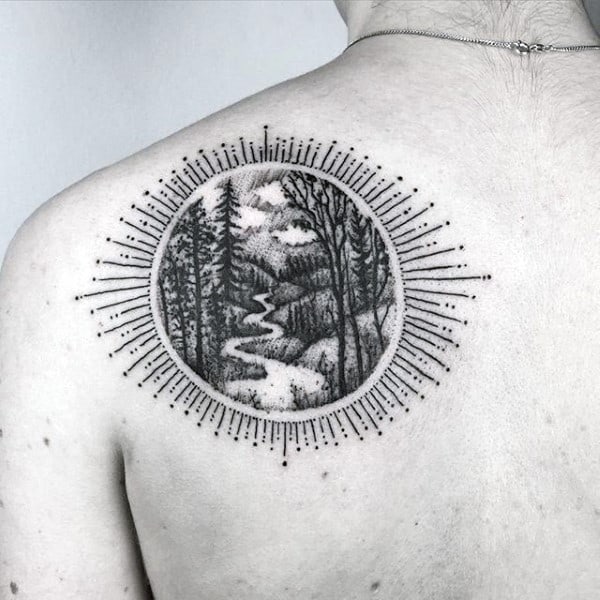 Sun Forest Nature Path Mens Back Tattoos