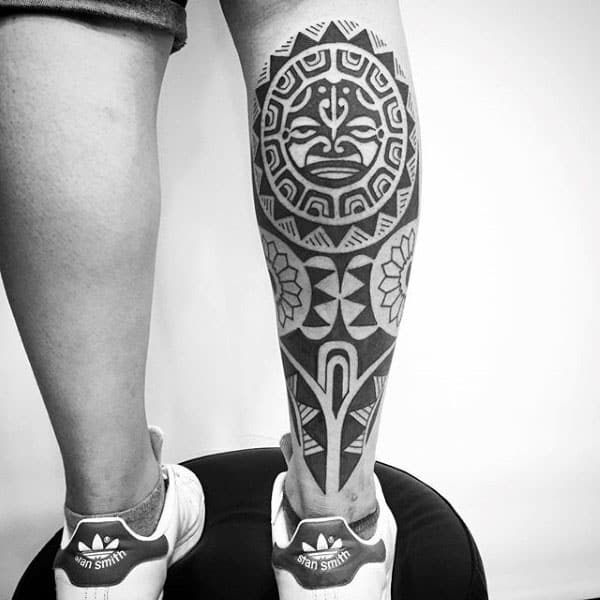 Sun Hawaiian Masculine Male Leg Tattoos With Tribal Design