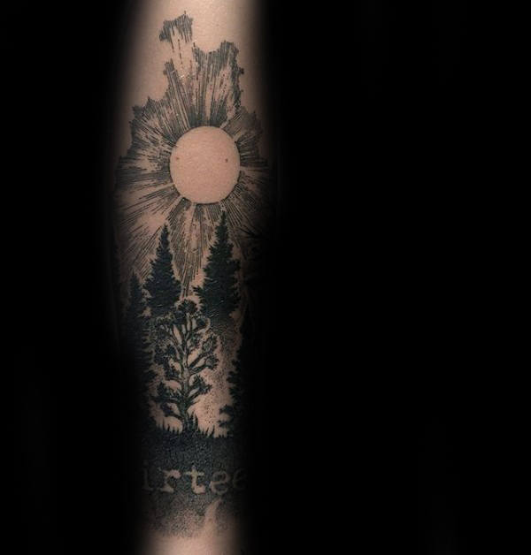Sun Negative Space Male Forest Forearm Tattoo Inspiration