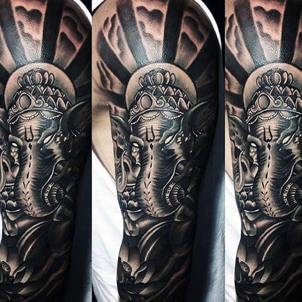 Sun Rays And Clouds Ganesh Mens Half Sleeve Tattoo Designs