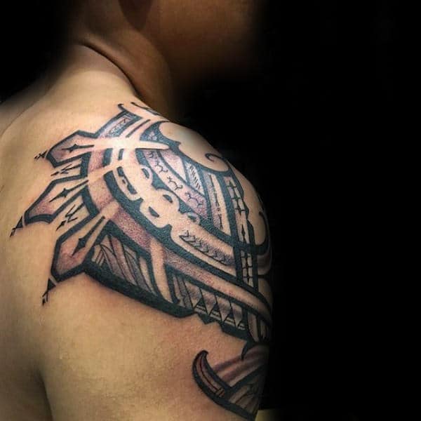 Sun Rays Tribal Shoulder Polynesian Male Tattoos