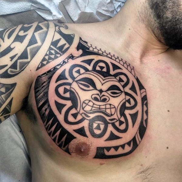 Sun Taino Tribal Guys Chest Tattoo Design Inspiration