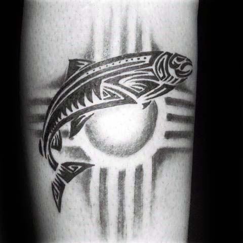 Sun With Fish Tribal Leg Tattoos For Guys