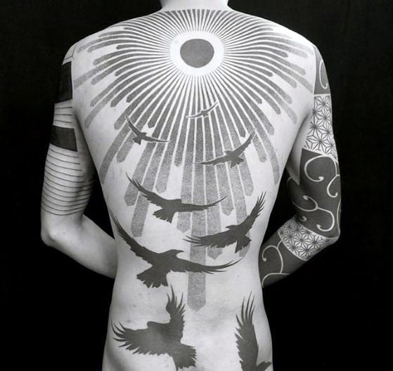 Sun With Flying Birds Back Great Tattoo Designs For Guys