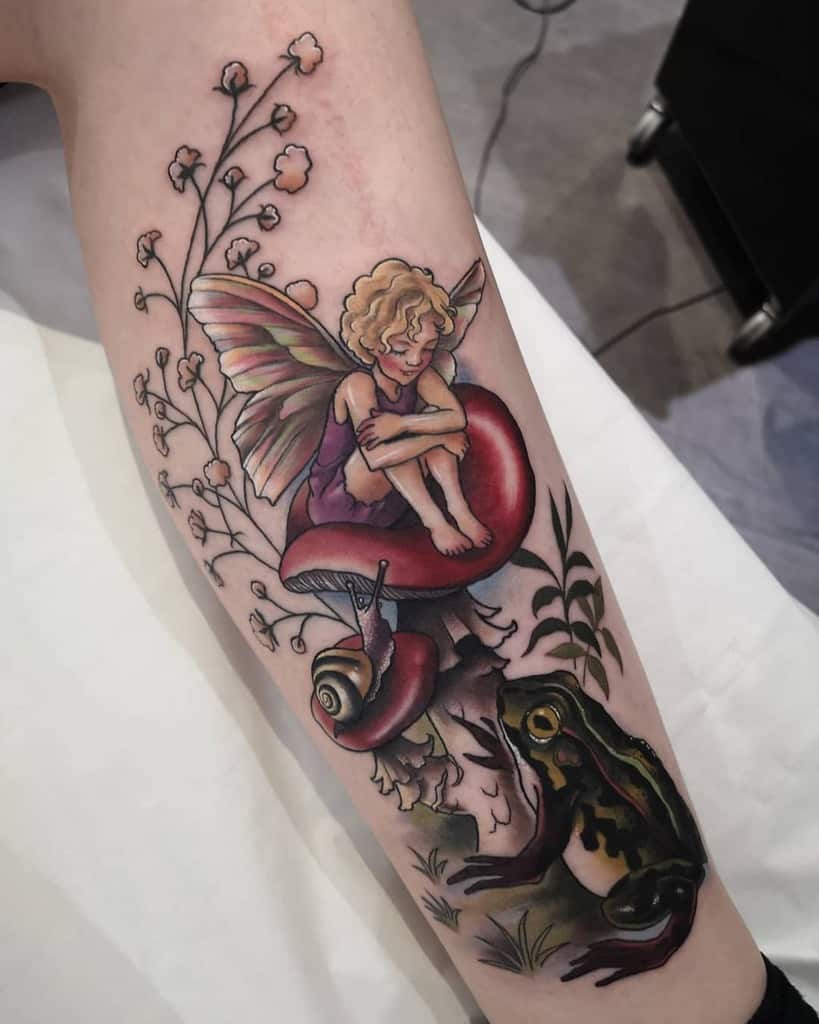 Mermaid fairy and mushroom tattoo on Olivia OBriens