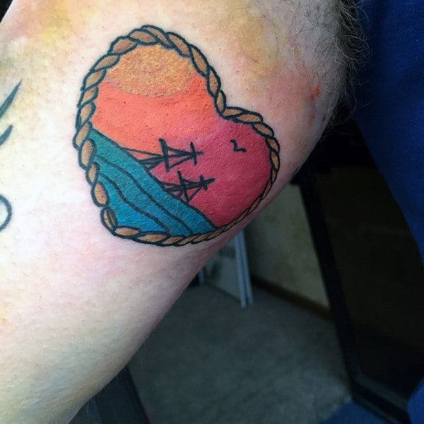 Sunken Ship Mens Sunset Traditional Heart Inner Arm Bicep Tattoos