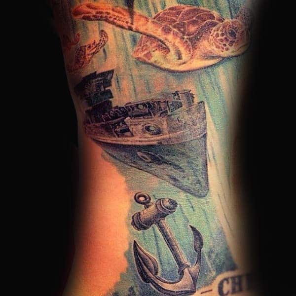 Sunken Ship With Turtle And Anchor Mens Arm Tattoo