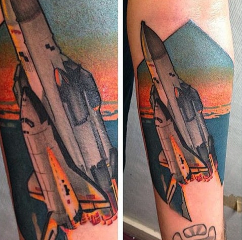 Sunset Clouds With Spaceship Mens Inner Forearm Tattoo