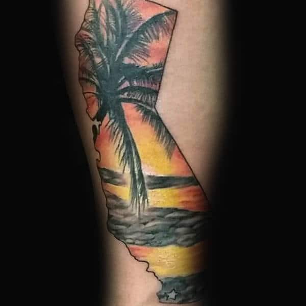 Sunset Palm Tree Guys California Forearm Tattoos