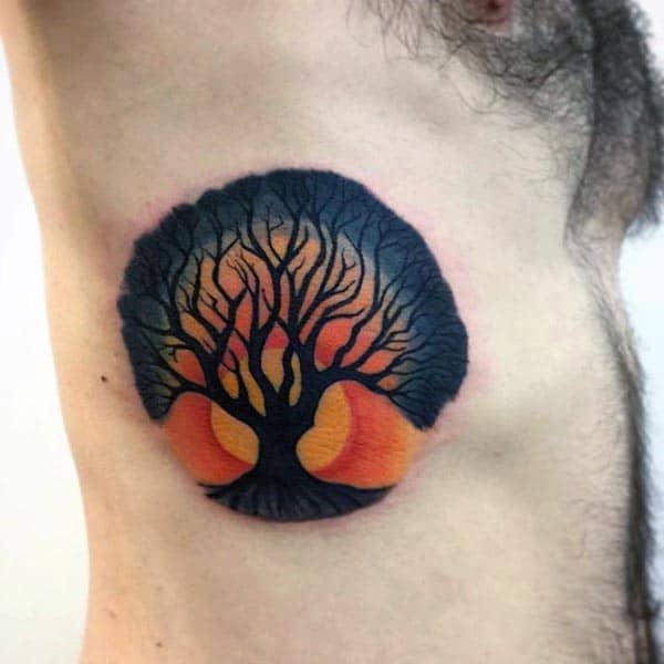 Sunset Tree Of Life Mens Rib Cage Side Tattoos