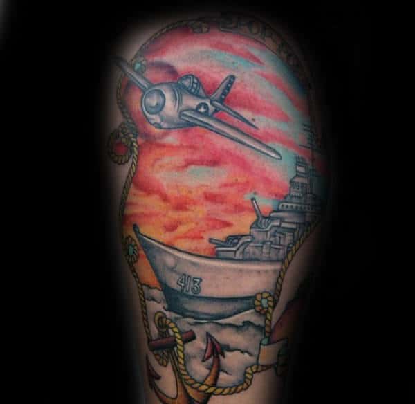 Sunset With Navy Ship Mens Tattoo Ideas On Arm